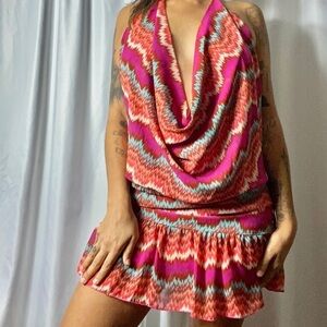 Vanita Rosa Zig Zag Ikat Pink Red Halter Neck Sleeveless Caftan Mini Dress